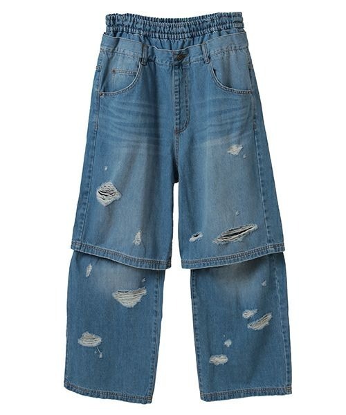 Candy Stripper（キャンディストリッパー）の「MULTI WAY DAMAGE LAYERED DENIM パンツ（デニムパンツ・レディース・ライトインディゴブルー/ブラック・FREE）」の3枚目の写真