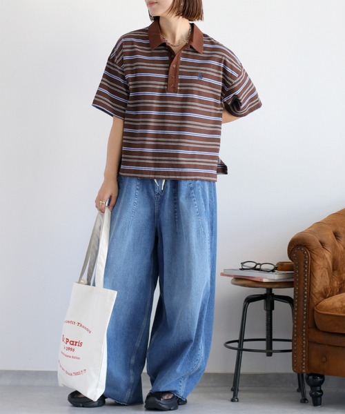 cepo（セポ）の「ワンポイントクマ刺繍マルチボーダーポロシャツ（Tシャツ/カットソー・レディース・グレー/ブラウン・M）」の14枚目の写真