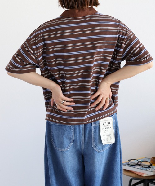 cepo（セポ）の「ワンポイントクマ刺繍マルチボーダーポロシャツ（Tシャツ/カットソー・レディース・グレー/ブラウン・M）」の20枚目の写真