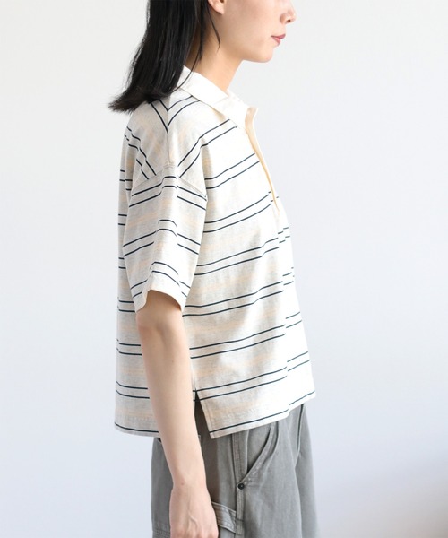 cepo（セポ）の「ワンポイントクマ刺繍マルチボーダーポロシャツ（Tシャツ/カットソー・レディース・グレー/ブラウン・M）」の11枚目の写真