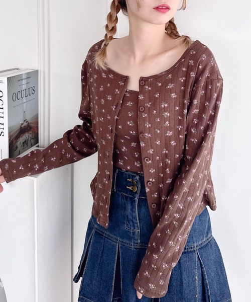 セール】【2点SET】フラワープリントカーディガン＋キャミソール