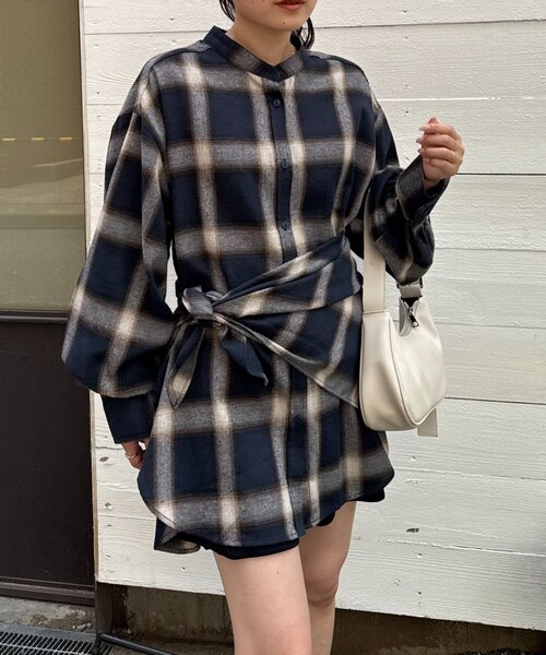 セール】【アレンジ自由自在】スカーフ付きボリュームスリーブチェック