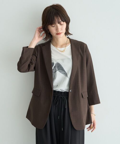 YECCA VECCA（イェッカヴェッカ）の「リネンライクジャケット②（テーラードジャケット・レディース・ネイビー/ブラウン・FREE）」の2枚目の写真