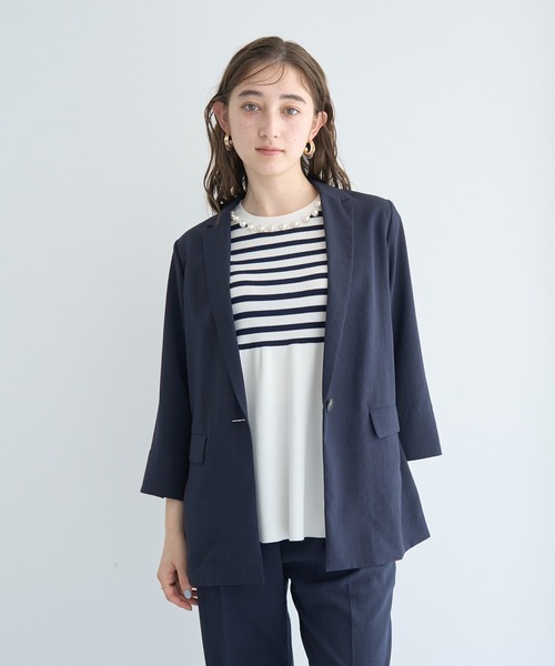 YECCA VECCA（イェッカヴェッカ）の「リネンライクジャケット②（テーラードジャケット・レディース・ネイビー/ブラウン・FREE）」の3枚目の写真