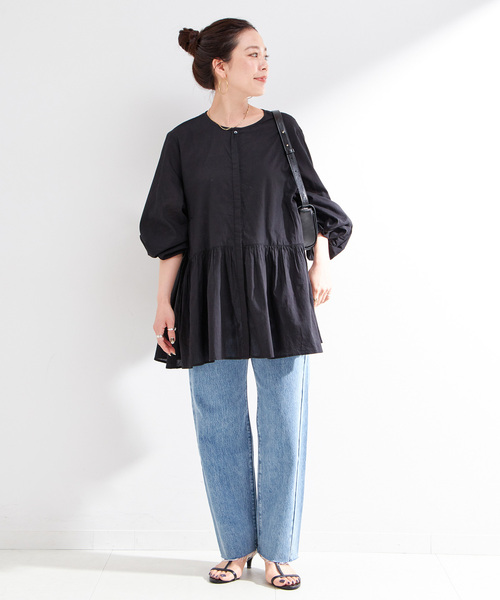 B.C STOCK（ベーセーストック）の「手洗い可 / 切り替えチュニックブラウス（シャツ/ブラウス・レディース・ブラック/ホワイト/グリーン・FREE）」の4枚目の写真