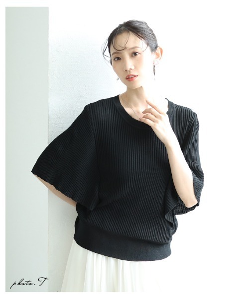 Sawa a la mode(サワアラモード)の「サマーリブニットドルマンスリーブトップス(ニット/セーター・レディース・ブラック/ホワイト・FREE)」の4枚目の写真