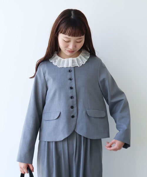 bulle de savon(ビュルデサボン)の「2/80 TWツイル ノーカラージャケット(ノーカラージャケット・レディース・ブラック/グレー・FREE)」の1枚目の写真