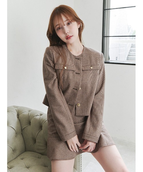 セール】＜木村りかこさんコラボ＞金ボタン千鳥格子ノーカラー