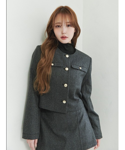 セール】＜木村りかこさんコラボ＞金ボタン千鳥格子ノーカラー