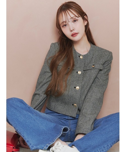 セール】＜木村りかこさんコラボ＞金ボタン千鳥格子ノーカラー
