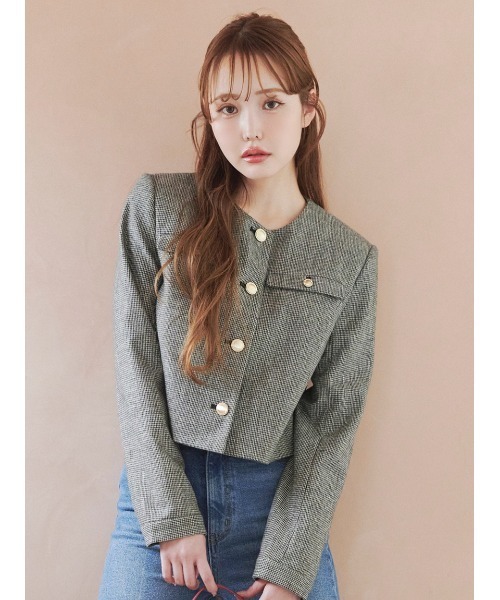 セール】＜木村りかこさんコラボ＞金ボタン千鳥格子ノーカラー