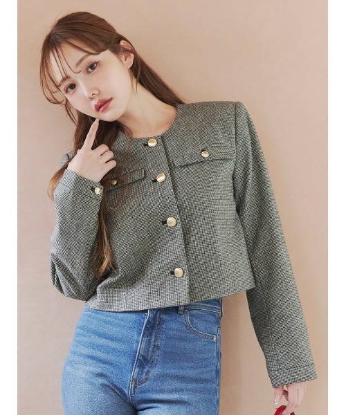 セール】＜木村りかこさんコラボ＞金ボタン千鳥格子ノーカラー