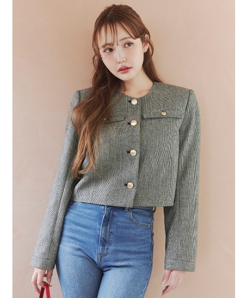 セール】＜木村りかこさんコラボ＞金ボタン千鳥格子ノーカラー