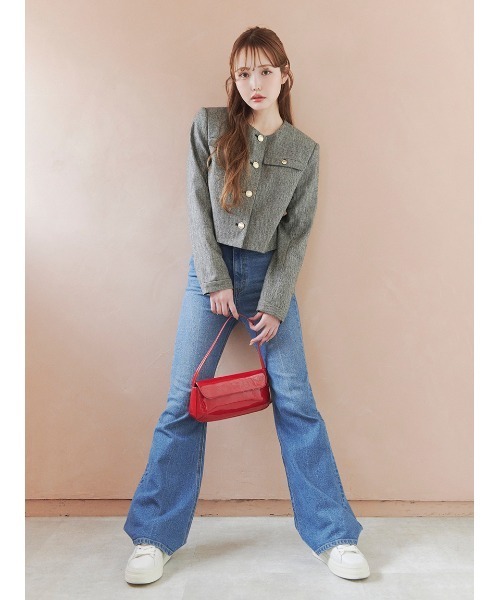 セール】＜木村りかこさんコラボ＞金ボタン千鳥格子ノーカラー