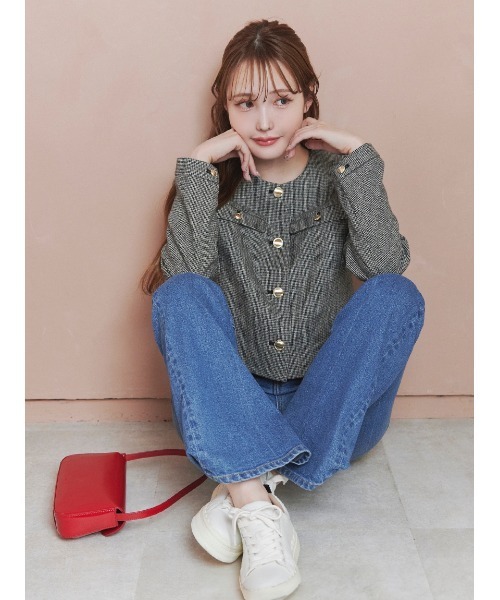 セール】＜木村りかこさんコラボ＞金ボタン千鳥格子ノーカラー