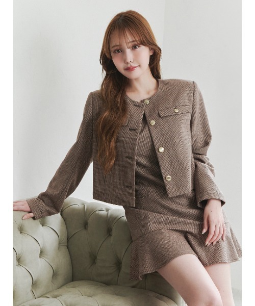 新品タグ付きノーリーズsophi 千鳥格子　ジャケット　金ボタン セール】＜木村りかこさんコラボ＞金ボタン千鳥格子ノーカラー
