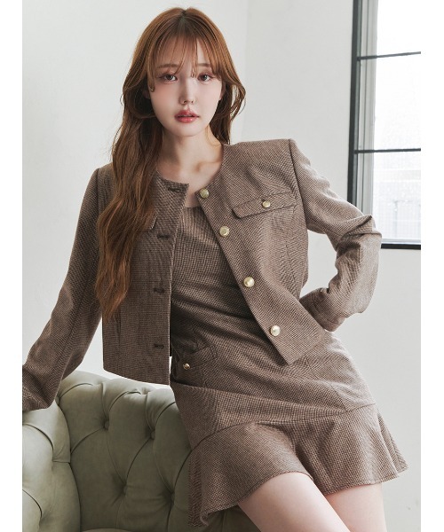 セール】＜木村りかこさんコラボ＞金ボタン千鳥格子ノーカラー