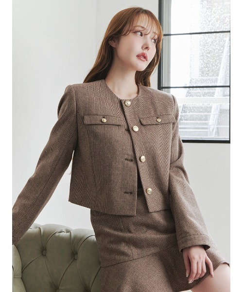 セール】＜木村りかこさんコラボ＞金ボタン千鳥格子ノーカラー