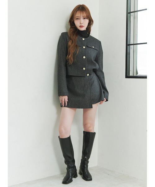 セール】＜木村りかこさんコラボ＞金ボタン千鳥格子ノーカラー