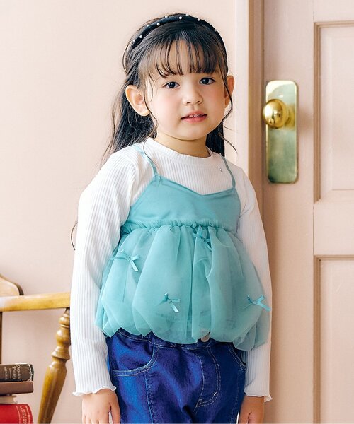 apres les cours(アプレレクール)の「【ジュニア対応】バルーンチュールキャミドッキングTシャツ(Tシャツ/カットソー・キッズ・ピンク/アイボリー・90/100/120/80/130/140/110)」の1枚目の写真