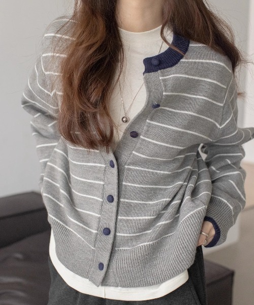 セール】ボーダー柄クルーネックカーディガン（カーディガン/ボレロ