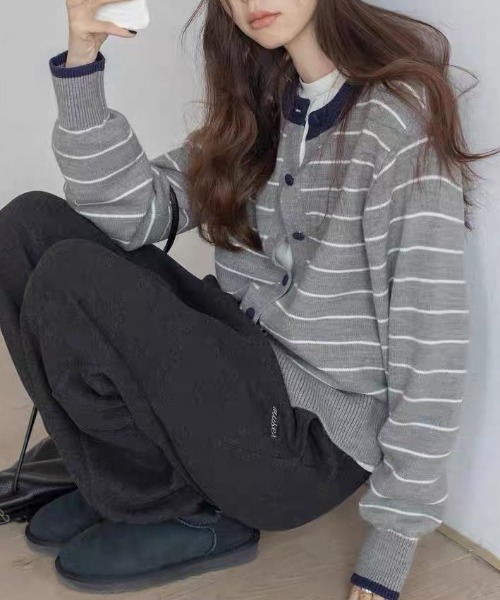 セール】ボーダー柄クルーネックカーディガン（カーディガン/ボレロ