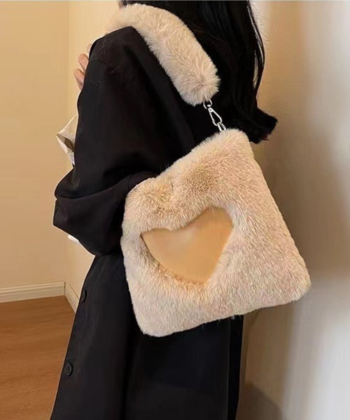 shoppinggo（ショッピングゴー）の「ファーバッグ ハート ミニトートバッグ 肩掛け 秋冬 女性 大人 手提げバッグ（トートバッグ・レディース・ベージュ/ブラック/ホワイト/キャメル/ピンク・FREE）」の5枚目の写真