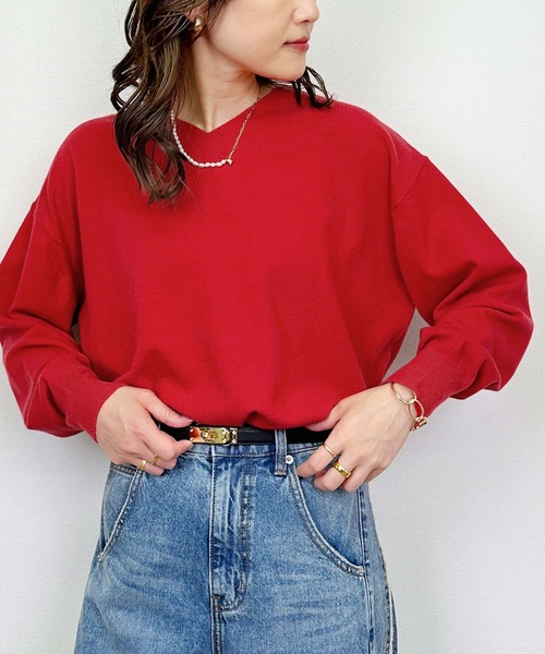 PICCIN（ピッチン）の「シンプルVネックニット（Tシャツ/カットソー・レディース・アイボリー/ブラック/レッド・M）」の3枚目の写真