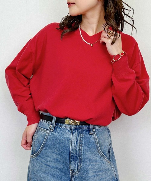 PICCIN（ピッチン）の「シンプルVネックニット（Tシャツ/カットソー・レディース・アイボリー/ブラック/レッド・M）」の21枚目の写真