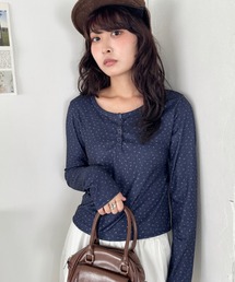 小花柄ヘンリーネックリブトップス