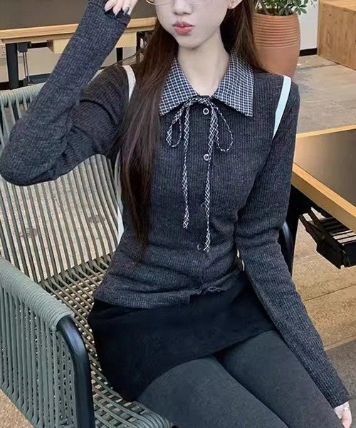 Nia(ニア)/チェック柄 レイヤード風 襟付きカーディガン（カーディガン