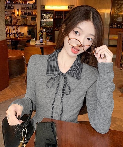 Nia(ニア)/チェック柄 レイヤード風 襟付きカーディガン（カーディガン