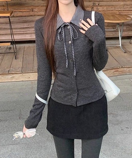 Nia(ニア)/チェック柄 レイヤード風 襟付きカーディガン（カーディガン