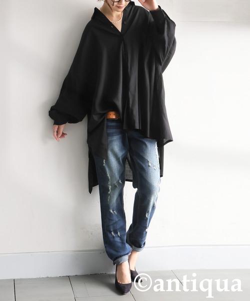 antiqua(アンティカ)の「ドレープシルエット シャツ(シャツ/ブラウス・レディース・ベージュ/ブラック/キャメル・ONESIZE)」の1枚目の写真