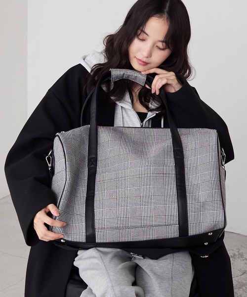 forksy.】チェック柄2wayビッグショルダートラベルボストンバッグ