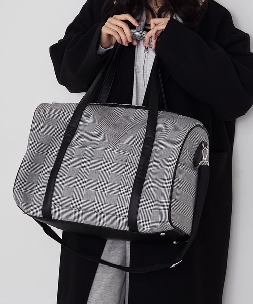 forksy.】チェック柄2wayビッグショルダートラベルボストンバッグ