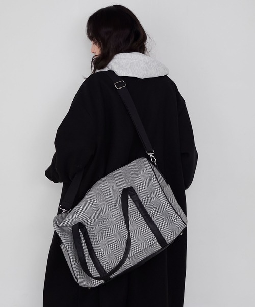 forksy.】チェック柄2wayビッグショルダートラベルボストンバッグ