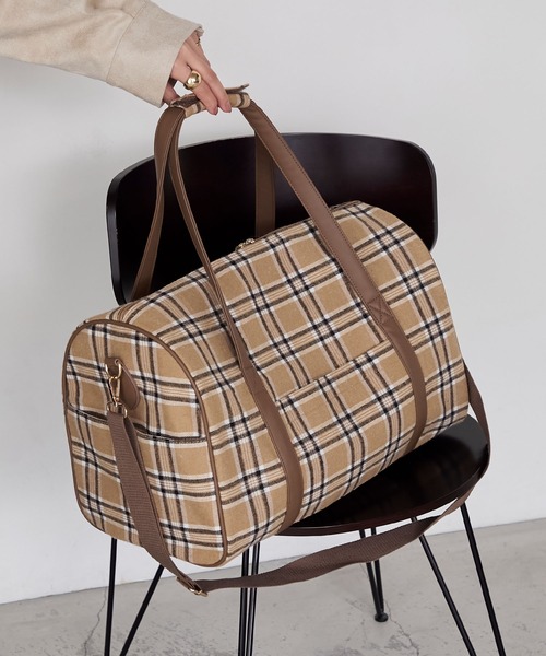 forksy.】チェック柄2wayビッグショルダートラベルボストンバッグ