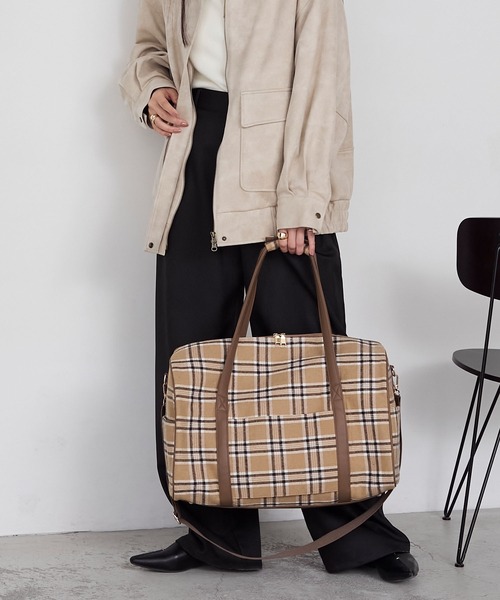 forksy.】チェック柄2wayビッグショルダートラベルボストンバッグ