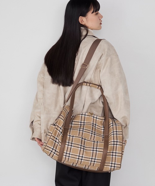 forksy.】チェック柄2wayビッグショルダートラベルボストンバッグ