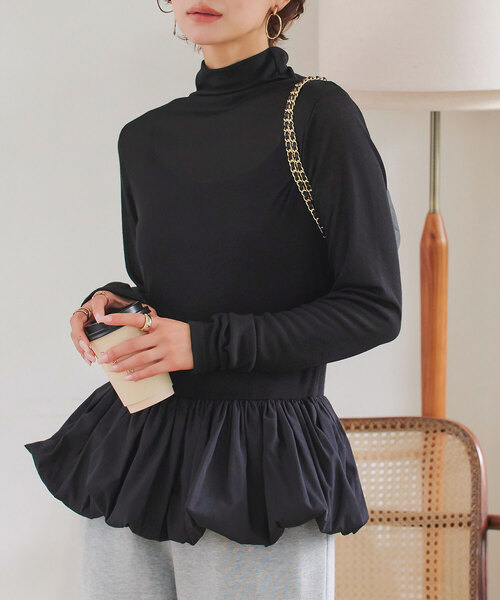 KOBE LETTUCE（コウベレタス）の「[ 選べる2ネックtype ] シアーバルーンペプラムトップス（シャツ/ブラウス・レディース・ブラック/ホワイト系/ブラウン系/ブラウン/オフホワイト/グレー系/チャコール/ブラック系・M）」の4枚目の写真