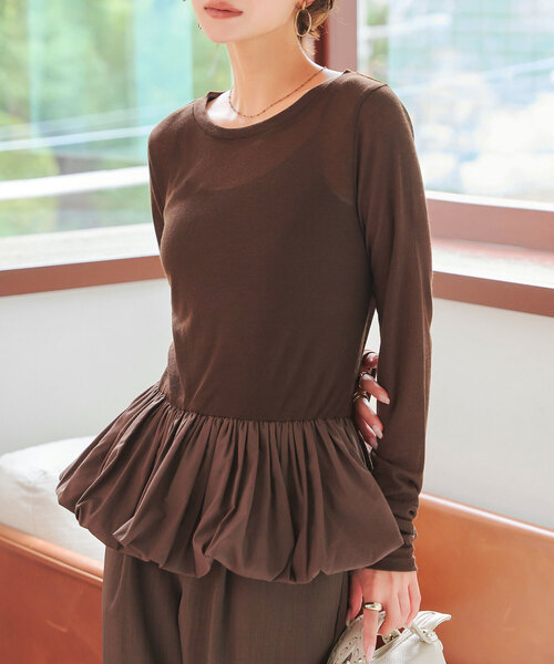 KOBE LETTUCE（コウベレタス）の「[ 選べる2ネックtype ] シアーバルーンペプラムトップス（シャツ/ブラウス・レディース・ブラック/ホワイト系/ブラウン系/ブラウン/オフホワイト/グレー系/チャコール/ブラック系・M）」の7枚目の写真