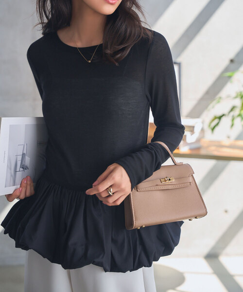 KOBE LETTUCE（コウベレタス）の「[ 選べる2ネックtype ] シアーバルーンペプラムトップス（シャツ/ブラウス・レディース・ブラック/ホワイト系/ブラウン系/ブラウン/オフホワイト/グレー系/チャコール/ブラック系・M）」の3枚目の写真