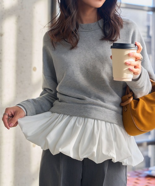 KOBE LETTUCE（コウベレタス）の「[ 選べる2ネックtype ] シアーバルーンペプラムトップス（シャツ/ブラウス・レディース・ブラック/ホワイト系/ブラウン系/ブラウン/オフホワイト/グレー系/チャコール/ブラック系・M）」の9枚目の写真