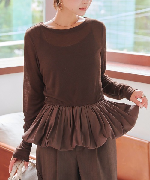 KOBE LETTUCE（コウベレタス）の「[ 選べる2ネックtype ] シアーバルーンペプラムトップス（シャツ/ブラウス・レディース・ブラック/ホワイト系/ブラウン系/ブラウン/オフホワイト/グレー系/チャコール/ブラック系・M）」の14枚目の写真