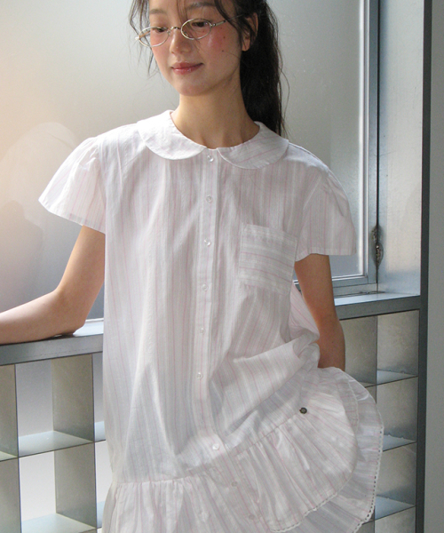 RONRON（ロンロン）の「ROUND COLLAR FRILL KANGKANG SHIRT DRESS PINK STRIPE（ワンピース・レディース・その他・FREE）」の2枚目の写真