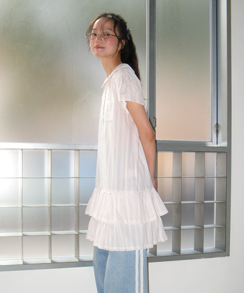 RONRON（ロンロン）の「ROUND COLLAR FRILL KANGKANG SHIRT DRESS PINK STRIPE（ワンピース・レディース・その他・FREE）」の5枚目の写真