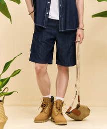 男性フルバンディングカーゴ5部デニムパンツ-ネイビー