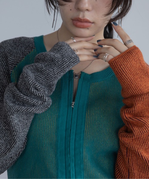 VACANCY（ヴァカンシー）の「配色アシメリブZIPトップス（カーディガン/ボレロ・レディース・ブラック/グリーン・FREE）」の12枚目の写真