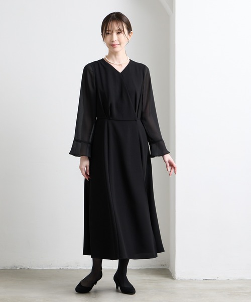 喪服・礼服・WEB限定】ウォッシャブル Vネック前開きAラインブラック